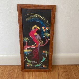 Vintage hand made Mexican feather craft with hand carved wooden frame